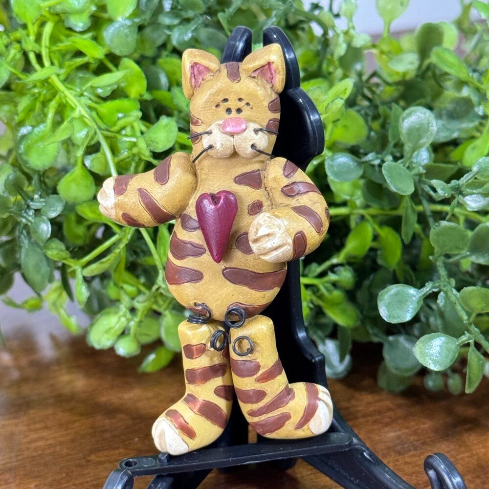 Vintage Blossom Bucket Calico Striped Cat Pin Moveable Legs Folk Art Brooch